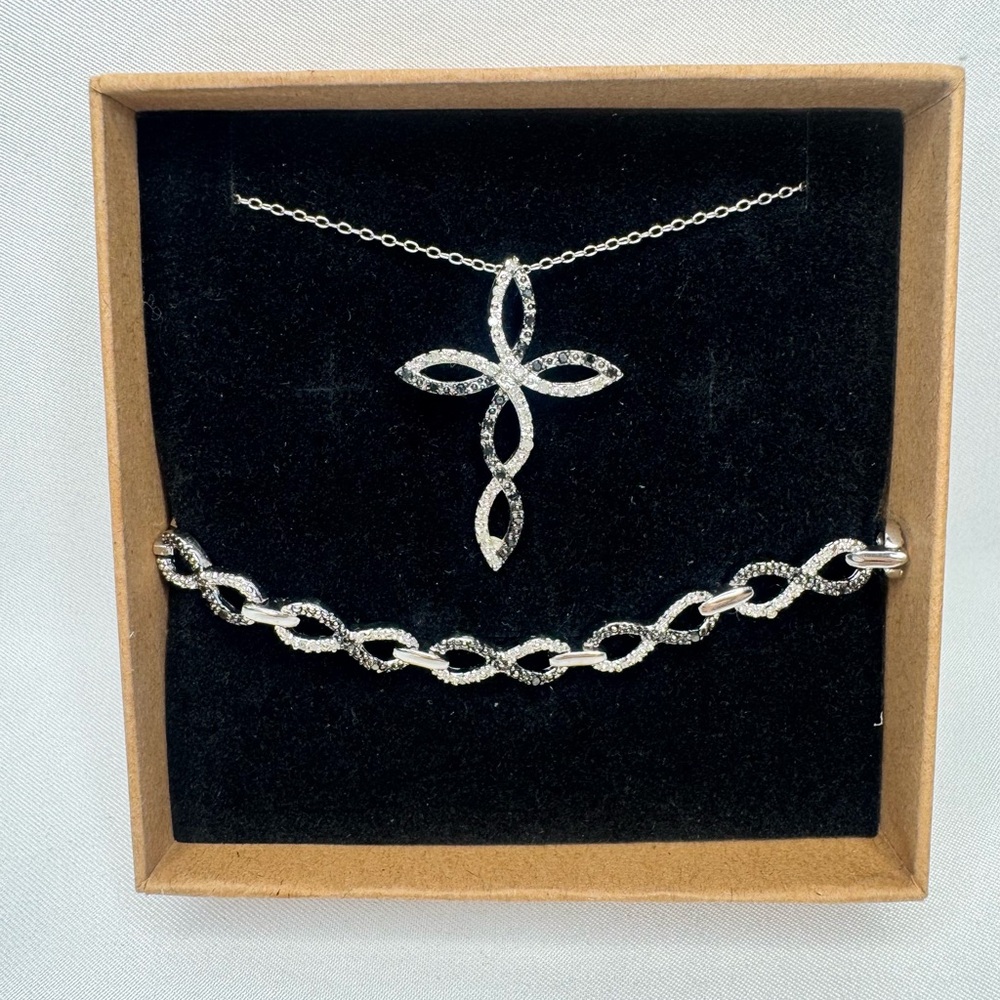 Sterling Silver Crystal Cross Pendant Necklace and Bracelet Set